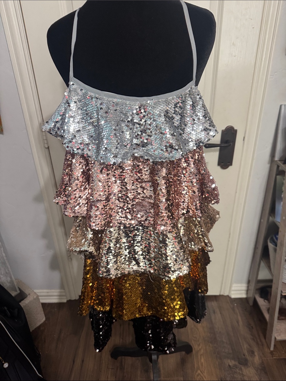 Buddy Love Multi-Sequin Tiered Slip Dress in Silver, Rose Gold, Gold and Black